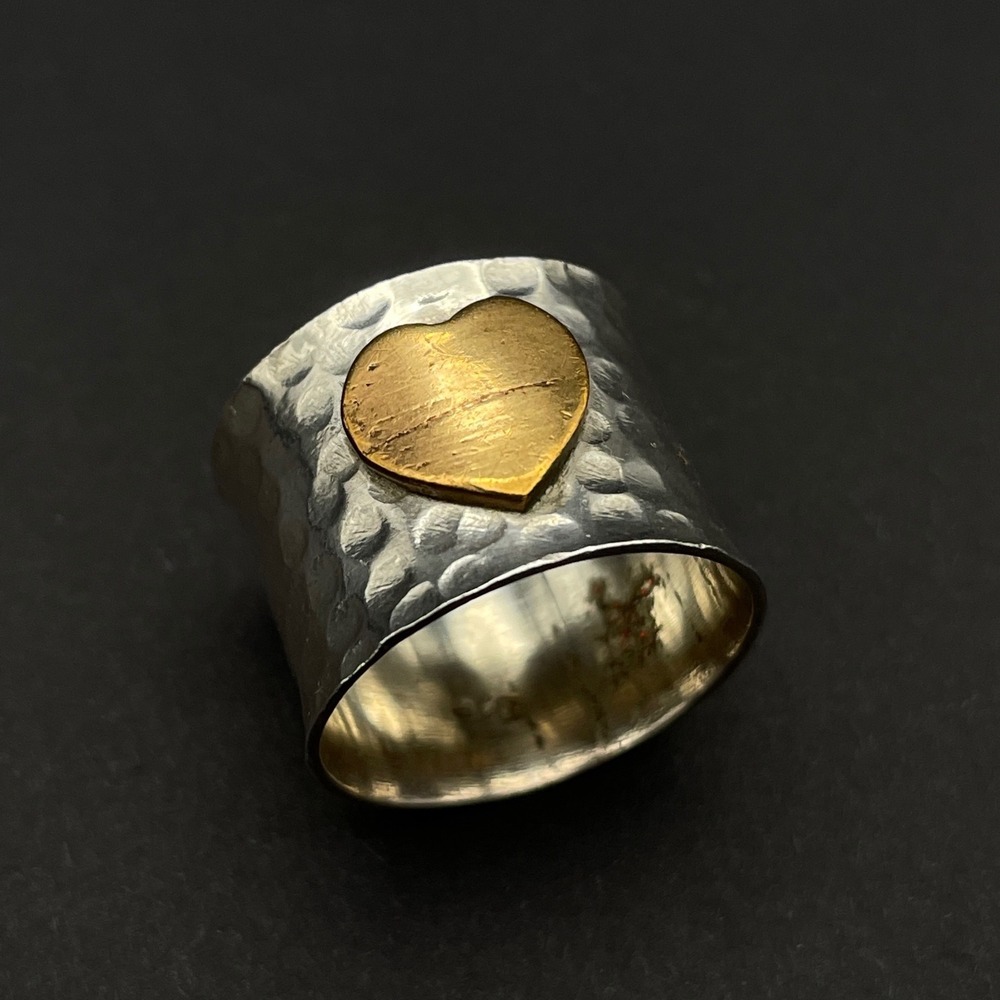 Sterling Silver Cigar Wide Band Ring Brass Heart Boho Thumb Ring
